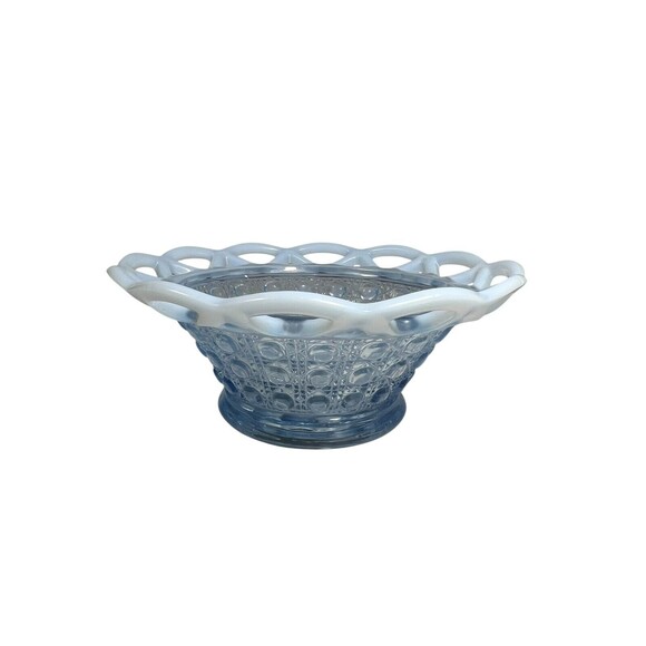 VTG Imperial Glass Basket Bowl Lacy Edge Blue Opalescent Trim Dish 1930's MCM - Picture 4 of 16